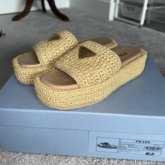 Prada Crochet Flatform Slides Sz 35 Beige Nude Brand New in Box with Receipt - Picture 7 of 16